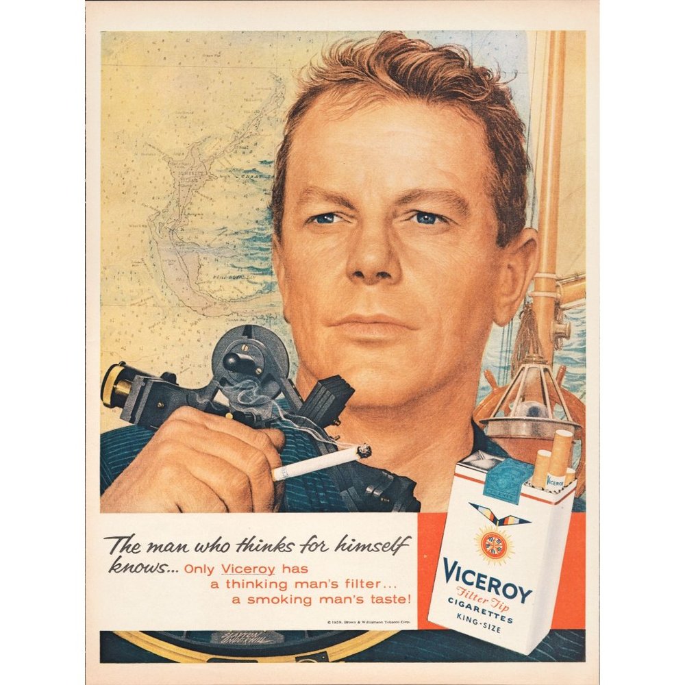 1959 Viceroy Cigarettes Vintage Print Ad Sailing Chart Course Sextant Nautical